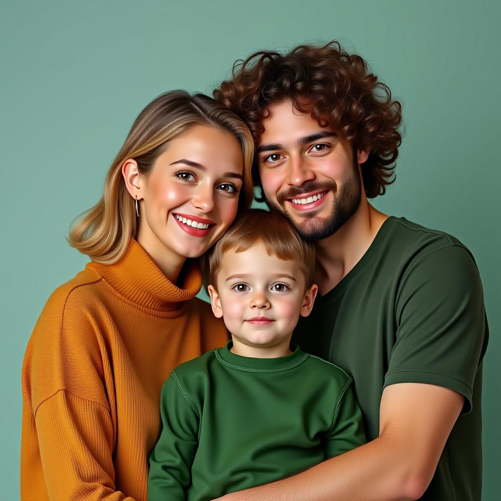  make an image of a blonde woman with a brown curly haired man and their mixed son wearing green