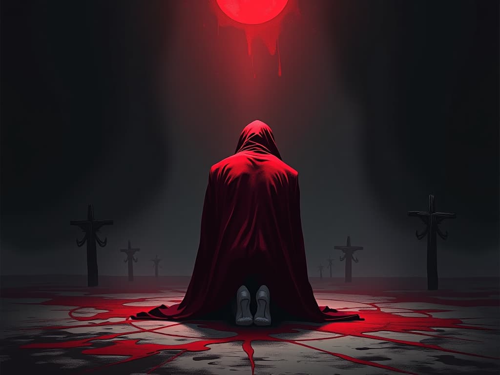  figure in red, kneeling under weight, whispering shadows around, burdened expression, mood of heaviness. the style is digital art illustration / modern comic book / graphic dark novel fantasy and mysterious occult, symbolic, moody lighting, esoteric vibe,high detail on character design. for the color scheme emphasize blacks and reds.