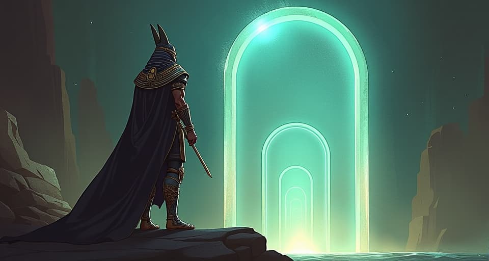  ancient sentinel, armor clad, standing guard at the edge of a shimmering, ethereal portal, resolute. the style is digital art illustration / modern comic book / mysterious occult, symbolic, esoteric vibe,high detail on character design, incorporating ancient egyptian symbology and attire.