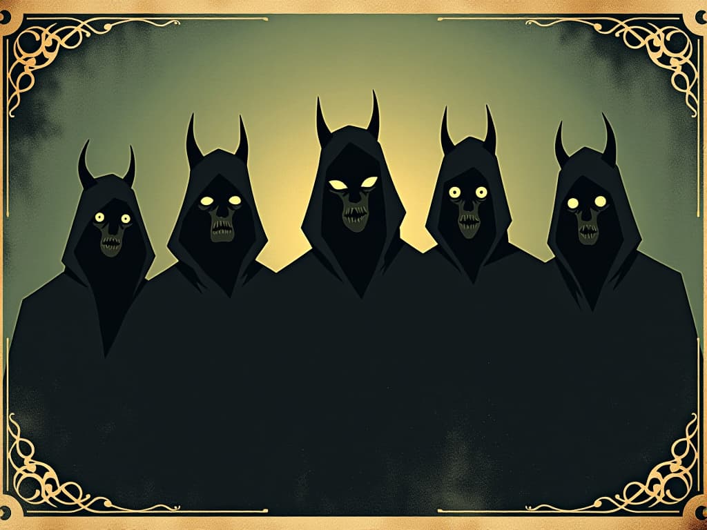  a group of shadowy figures with indistinct features, dark silhouettes observing from a distance, curiosity and intensity in their eyes, unsettling, eerie atmosphere. an illustration in the style of a worn, mystical old tarot trump card, mysterious and elements of surrealism. the colors are muted, somber and eerie, but with contrast bring out an occult and esoteric vibe.