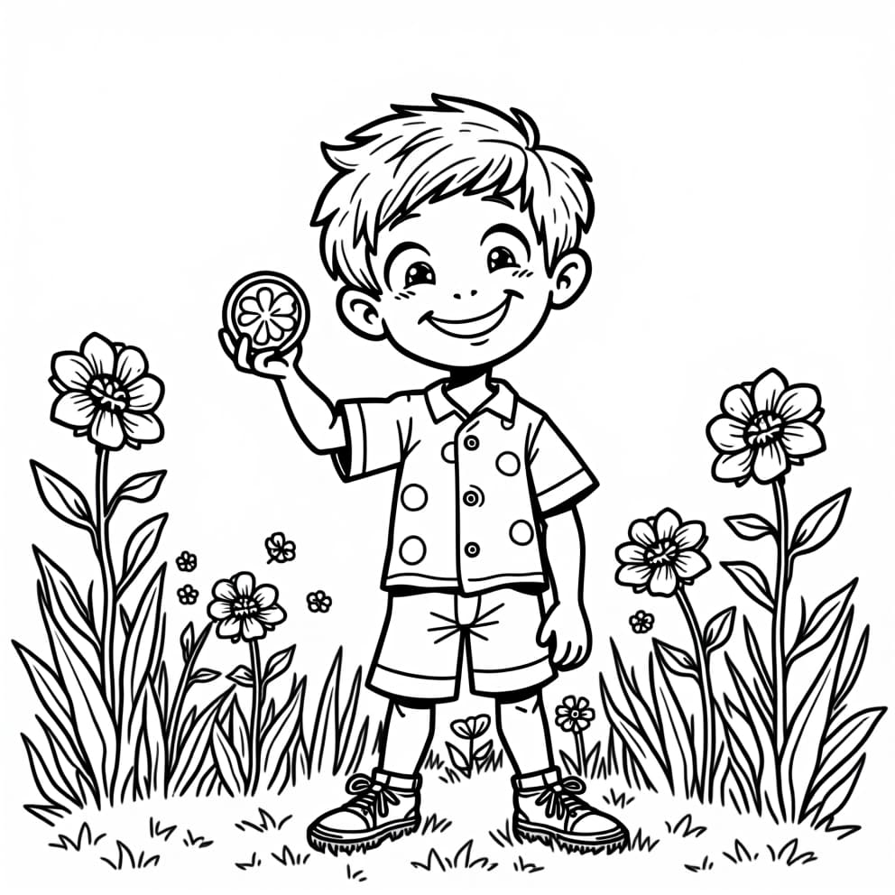  a coloring book page, white background, showing a happy boy with a big smile, holding a lucky charm, wearing a brightly colored shirt and shorts, standing in a field of wildflowers, ready for a coloring book page