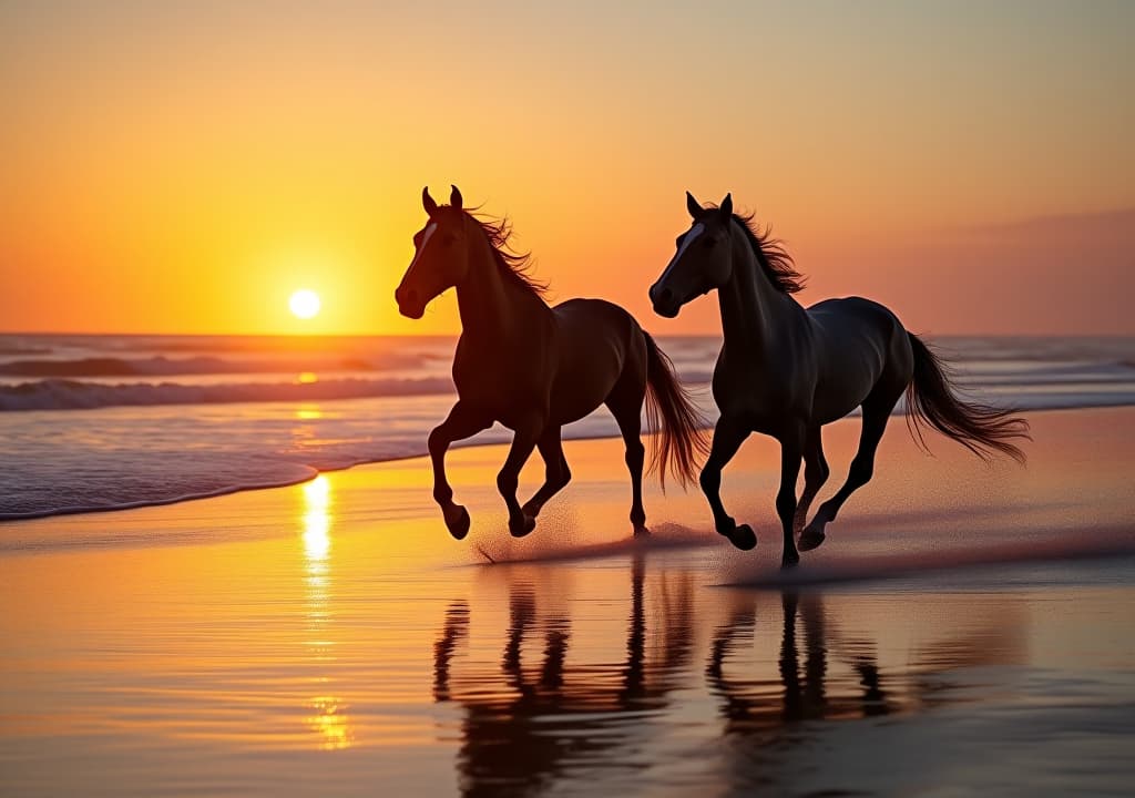  horse couple running on the beach at sunset