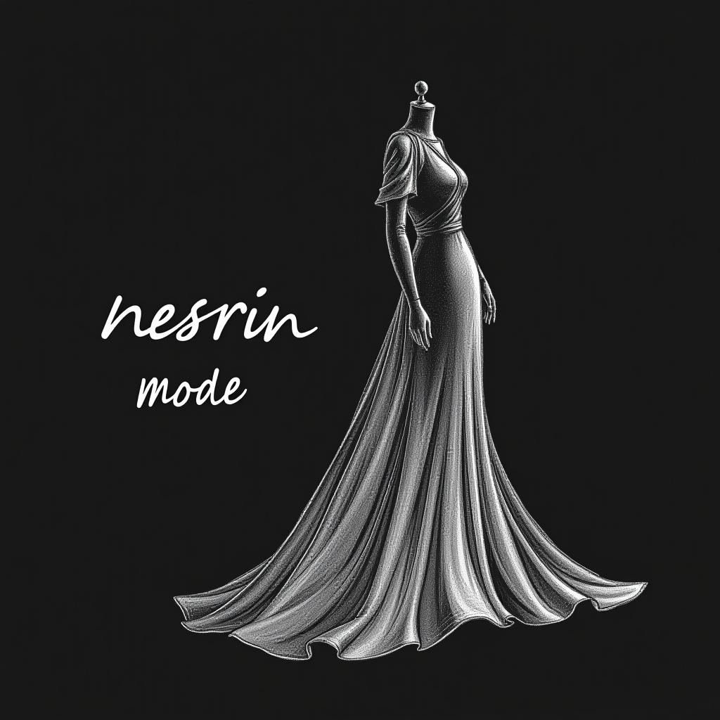  design a logo, in a pencil style. nesrin mode hintergrund schwarz schrift weiß schreibschrift neben ein gezeichnetes langes kleid , with the text 'nesrin mode '.