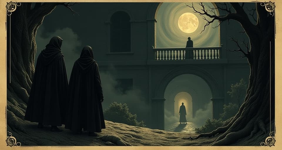  shadowy balcony view, figures in darkness, illuminated central figure below, contrast of light and dark, distant, disconnected. an illustration in the style of a worn, mystical old tarot trump card, mysterious and elements of surrealism. the colors are muted, somber and eerie, but with contrast bring out an occult and esoteric vibe.