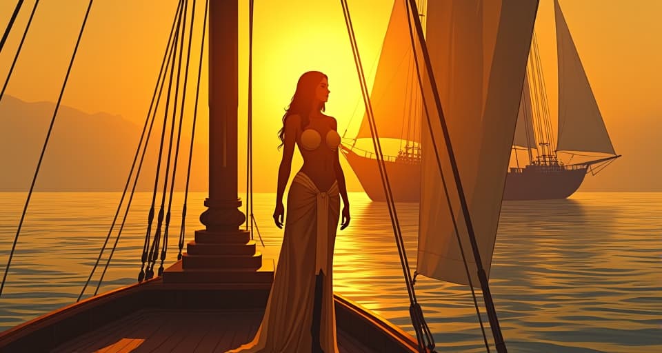  a lone figure, large busted woman in form fitting regal attire, standing on the deck of a grand, ancient egyptian ship sailing smoothly on the nile, golden sunlight illuminating her confident stance, aura of autonomous strength. the style is digital art illustration / modern comic book / mysterious occult, symbolic, esoteric vibe,high detail on character design, incorporating ancient egyptian symbology and attire.