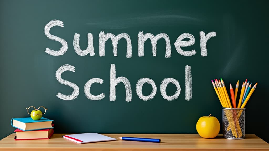  chalkboard with text "summer school" written in chalk school supplies on desk