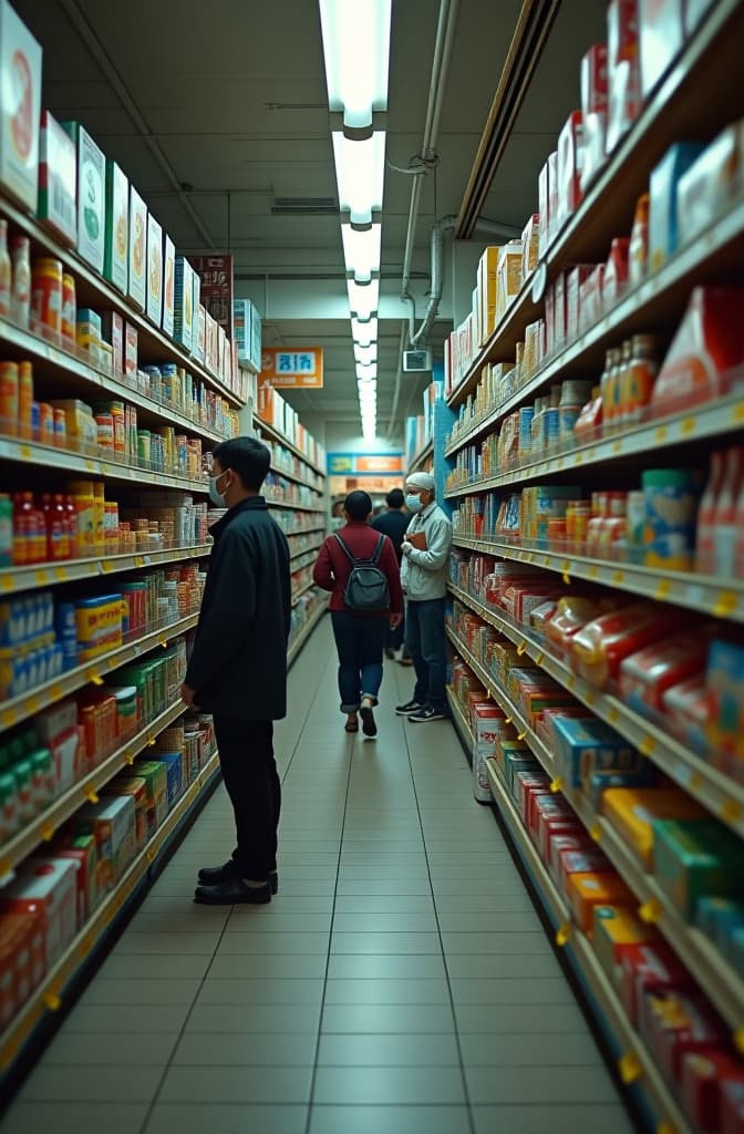  nostalgic view of a crowded asian grocery store interior with shelves stocked full of various packaged foods, snacks, and other products. the shelves are cluttered with colorful japanese language labels and packaging, under bright fluorescent lights with a busy afternoon atmosphere hyperrealistic, full body, detailed clothing, highly detailed, cinematic lighting, stunningly beautiful, intricate, sharp focus, f/1. 8, 85mm, (centered image composition), (professionally color graded), ((bright soft diffused light)), volumetric fog, trending on instagram, trending on tumblr, HDR 4K, 8K