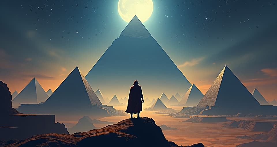  a surreal landscape of interconnected pyramids and temples, floating within a cosmic void, with a majestic figure in form fitting robes navigating this higher plane.. the style is digital art illustration / modern comic book / mysterious occult, symbolic, esoteric vibe,high detail on character design, incorporating ancient egyptian symbology and attire.