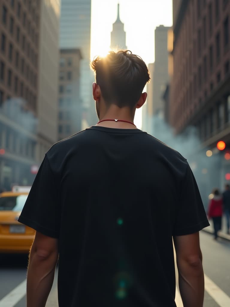  a close up cinematic style shot of a handsome young man wearing a black wide t shirt walking away from the camera, focusing on his wrist adorned with a thin red thread bracelet with a small silver heart in a minimalistic style. the scene is set on a new york street with iconic buildings like the empire state building in the background. the shot captures the essence of new york's aesthetics, with smoke and backlighting adding a dramatic effect to the urban scene.