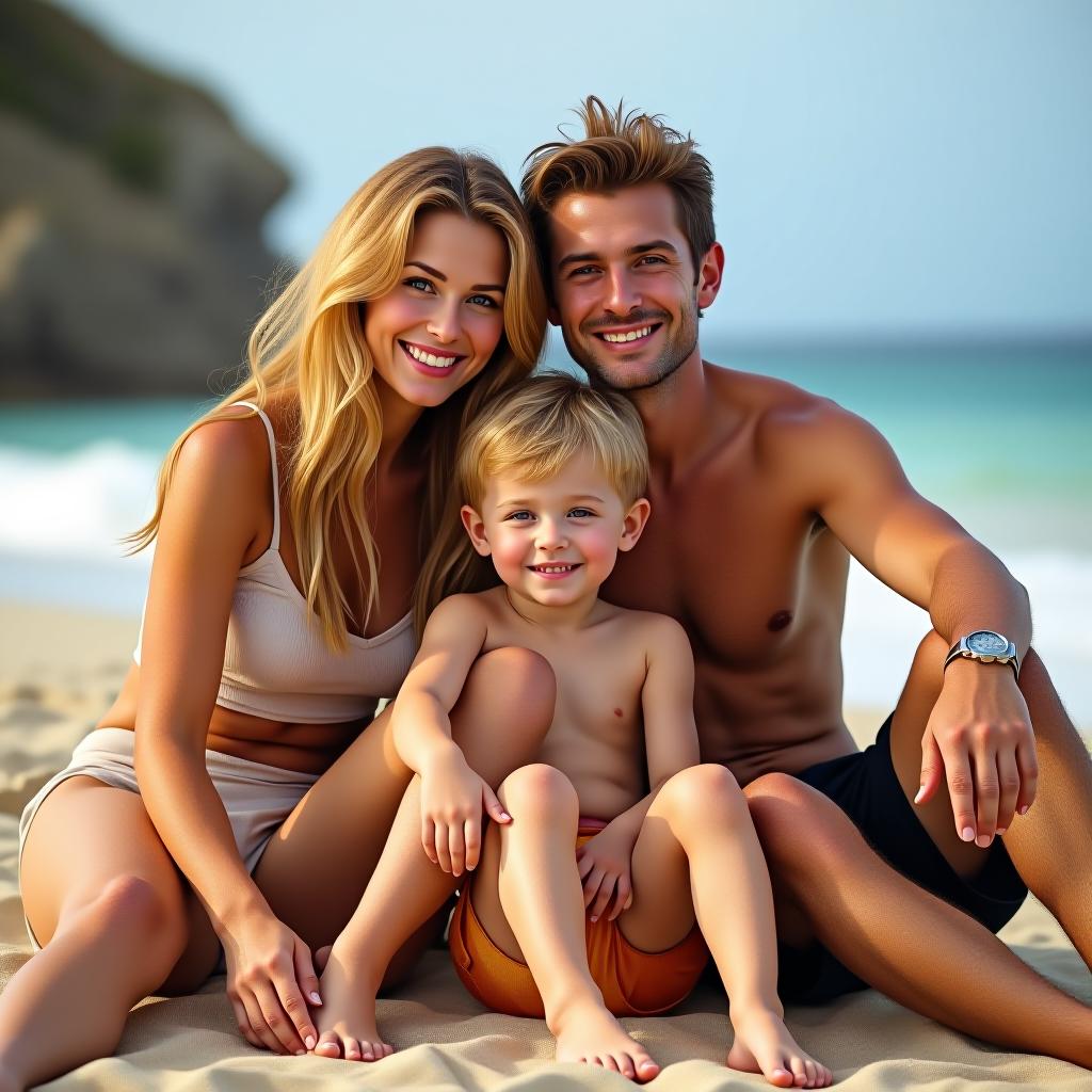  make an image of a blonde woman with tan olive skin and brown eyes sitting with her brown haired husband and thei blonde haired son sitting at the beach