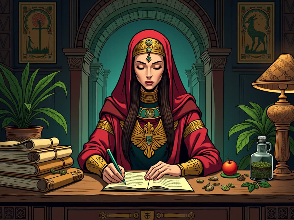  hildegard of bingen writing at a desk, filled with scrolls and herbs, embodying visionary theology and healing wisdom. the style is digital art illustration / modern comic book / mysterious occult, symbolic, esoteric vibe,high detail on character design, incorporating ancient egyptian symbology and attire.