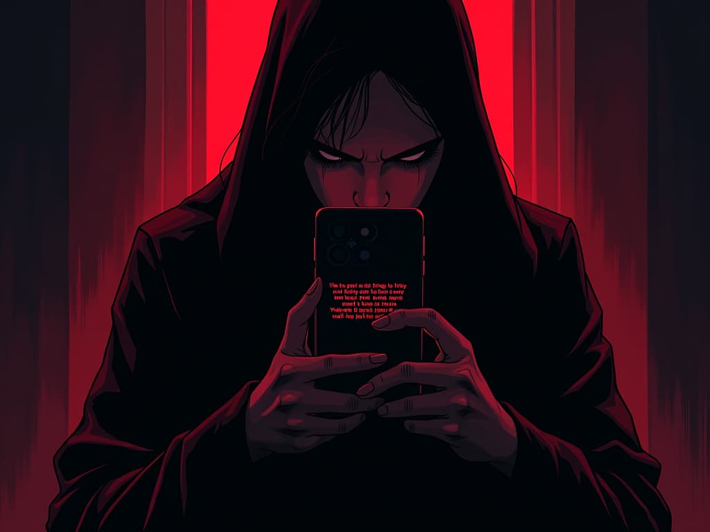  brief text message on phone screen, dim room background, glow of the screen creating an intense focus. the style is digital art illustration / modern comic book / graphic dark novel fantasy and mysterious occult, symbolic, moody lighting, esoteric vibe,high detail on character design. for the color scheme emphasize blacks and reds.