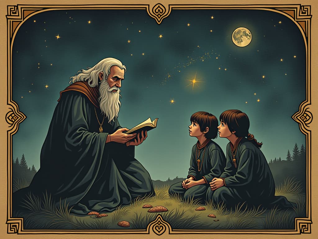  a wise elder sharing knowledge with younger individuals under the night sky, guided by ancient wisdom, celestial truths, intergenerational wisdom. an illustration in the style of a worn, mystical old tarot trump card, mysterious and elements of surrealism. the colors are muted, somber and eerie, but with contrast bring out an occult and esoteric vibe.