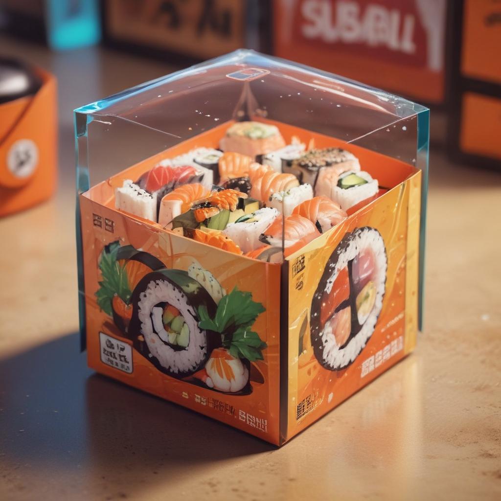 distance-shot, flashy, full-body, dynamic, holographic, animated cartoon poster of a take-out box of sushi in the style of dragon ball super