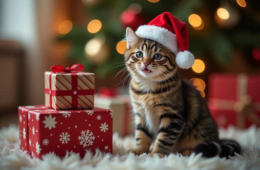  professional detailed photography, happy cat in santa claus hat sitting near stack of christmas presents. festive light blurred background with garlands, lights. ar 3:2, (muted colors, dim colors, soothing tones), (vsco:0.3)