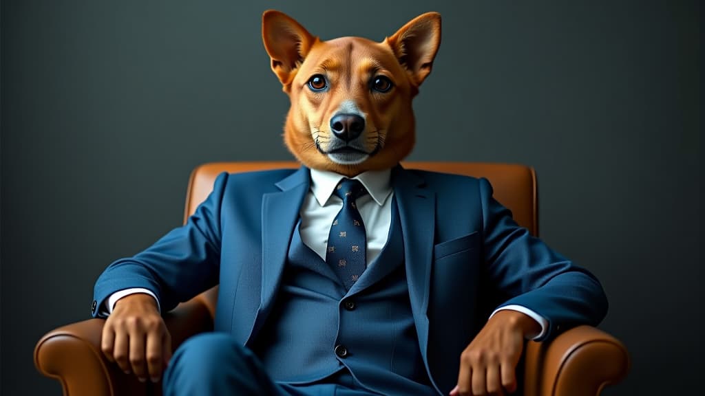  a humorous image featuring a digitally altered photo of a loin dressed in a sophisticated blue business suit, sitting on a chair, exuding confidence.