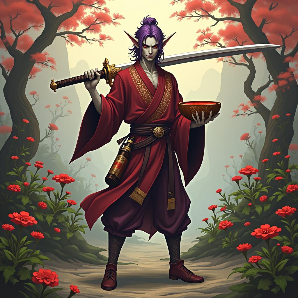  macabre style ringo stands full length in the middle of a clearing surrounded by flowering red licorices, in his left hand ringo holds a wide bowl of sake, filled to the brim with alcohol, and in his right a boarding sword, which he threw over his right shoulder. behind his belt is a pumpkin sake bottle inside. ringo is depicted in full height a young mature dark male elf with marble white skin, purple scarlet hair, ringo wears a disheveled hairstyle of medium length, pointed ear tips, lavender red eyes, dressed in a burgundy shirt with gold embroidery, in addition, he wears a dark red half caftan of snake skin with silver, trousers also made of purple snake skin, light leather leather leather leather leather leather leather boots made