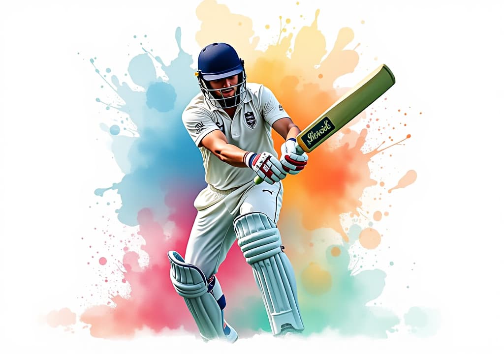  illustration of a cricket player with colorful watercolor splash, isolated on white background