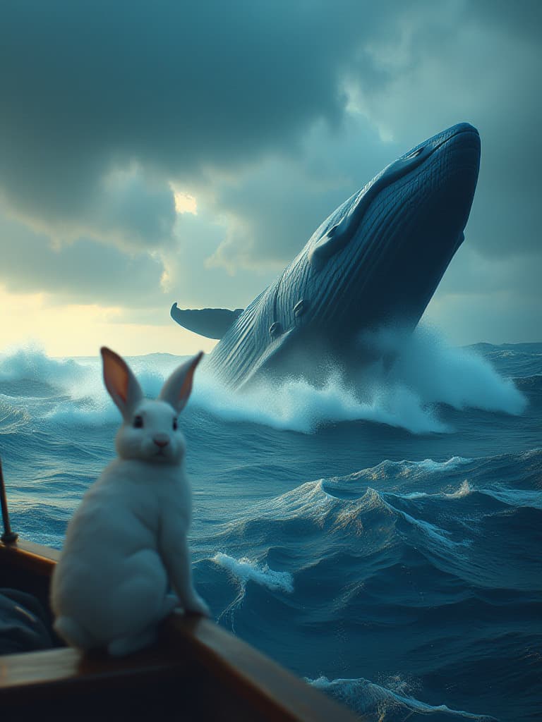  the sky suddenly became dark, cloudy and huge waves beat the boat. a little white rabbit gripped the side of the boat with a little fear in his eyes. as the blue whale suddenly appeared in the waves, the huge body blocked the most violent waves