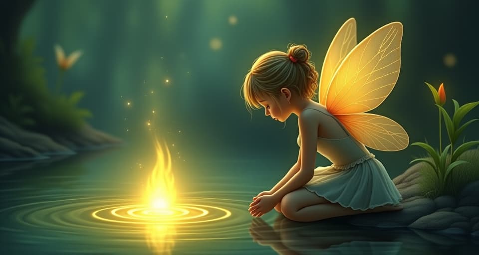  a serene fairy kneeling beside a glowing spring, her head bowed in silent prayer. the magical light around her signifies her connection to the divine even in her quiet search for words.. the style is digital art illustration,highly detailed, whimsical,magical, dreamlike atmosphere, realism and fantasy blend, smooth, glossy textures,luminous quality, wonder and enchantment.