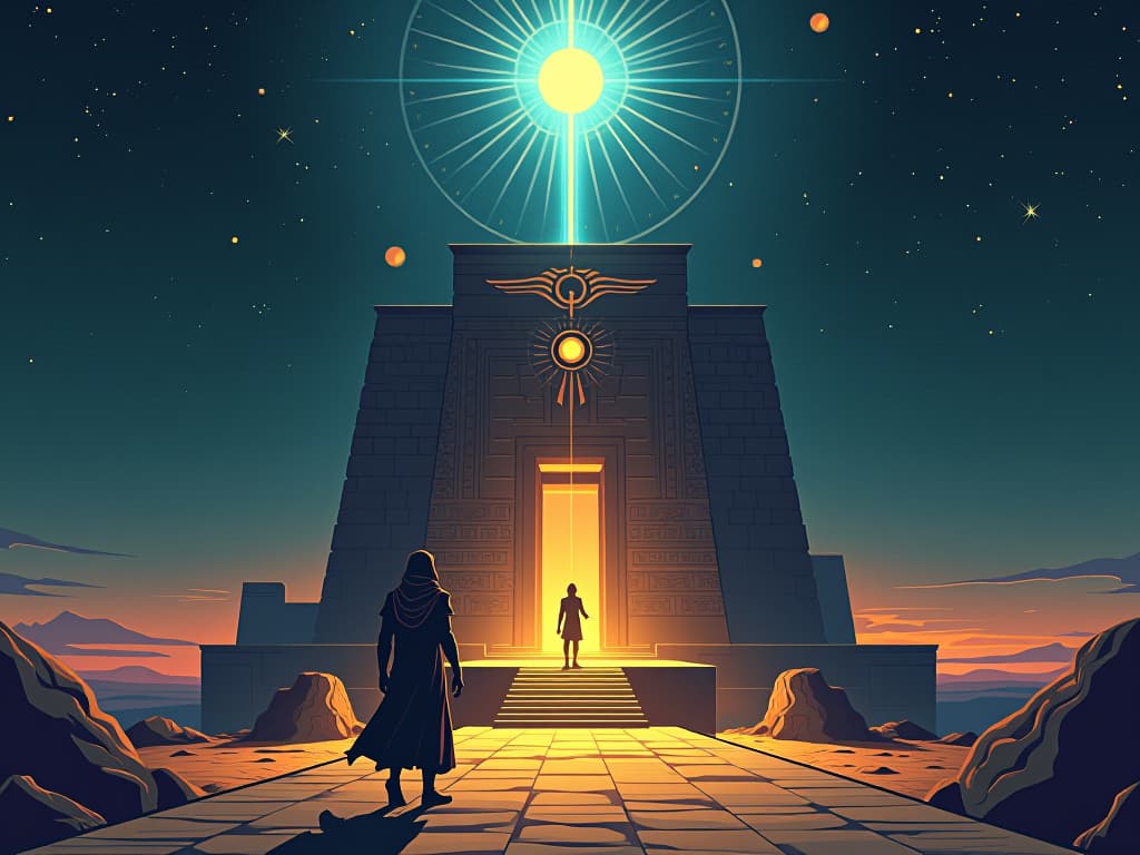  celestial alignment above a sacred egyptian monument, illuminating the pathway, symbolizing dreams affirming your path. the style is digital art illustration / modern comic book / mysterious occult, symbolic, esoteric vibe,high detail on character design, incorporating ancient egyptian symbology and attire.