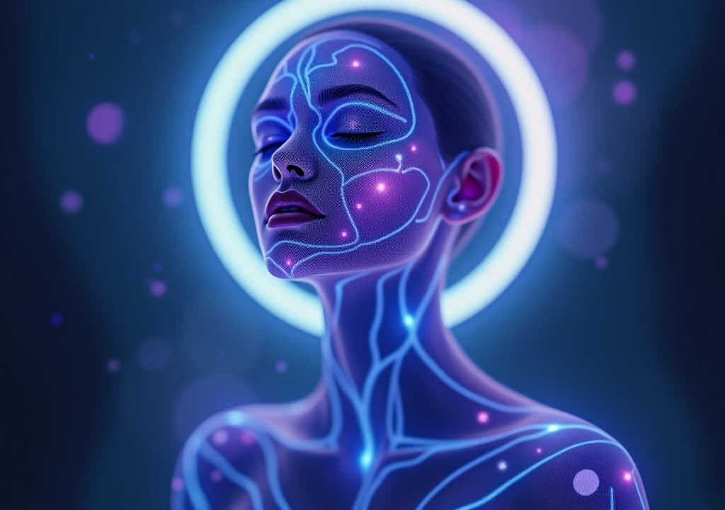  an androgynous figure with glowing, translucent skin and eyes closed, surrounded by a halo of light, with intricate, swirling patterns of purple and blue aura emanating from their face. hyperrealistic, full body, detailed clothing, highly detailed, cinematic lighting, stunningly beautiful, intricate, sharp focus, f/1. 8, 85mm, (centered image composition), (professionally color graded), ((bright soft diffused light)), volumetric fog, trending on instagram, trending on tumblr, HDR 4K, 8K