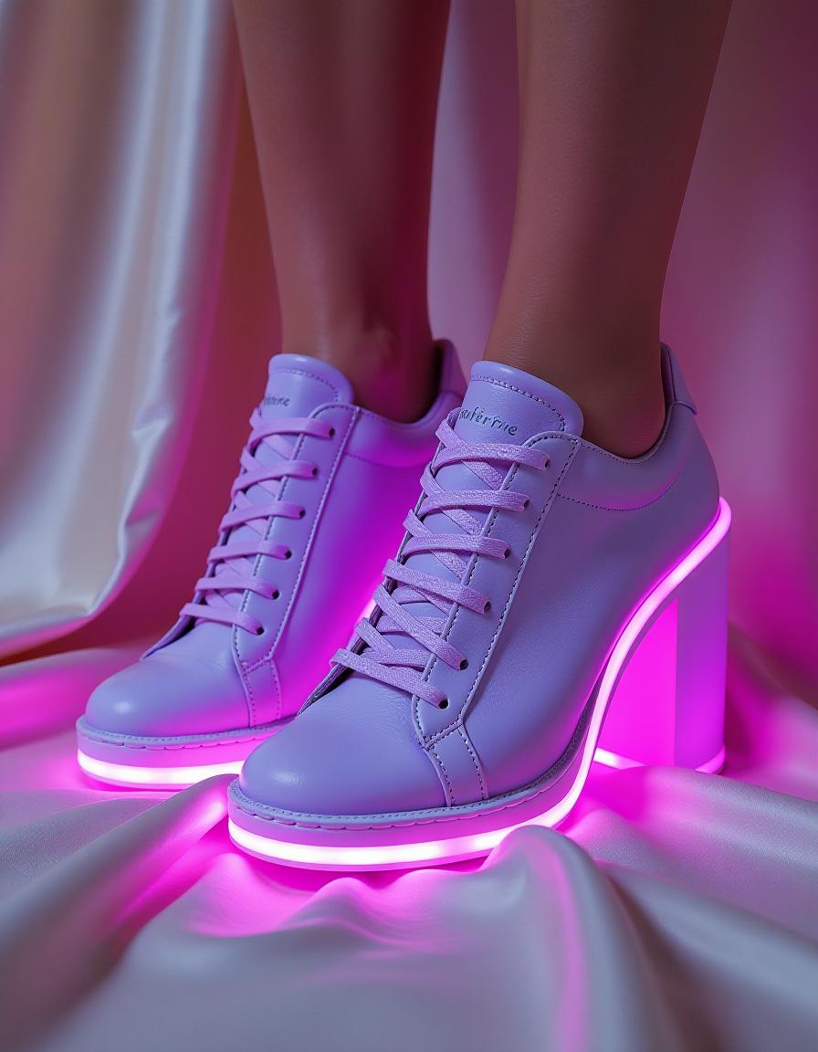  hyperrealistic art a masterpiece. oil painting.(a pair of women's glamorous lilac leather heeled trainers with glowing neon purple lighting:1.5). on the sole is a neon glowing lettering (‘artgeneration.me’:1.6). on background of light beige satin cut off drapery fabric. intense close up. surrealism style. high detail. high quality. high resolution. . extremely high resolution details, photographic, realism pushed to extreme, fine texture, incredibly lifelike