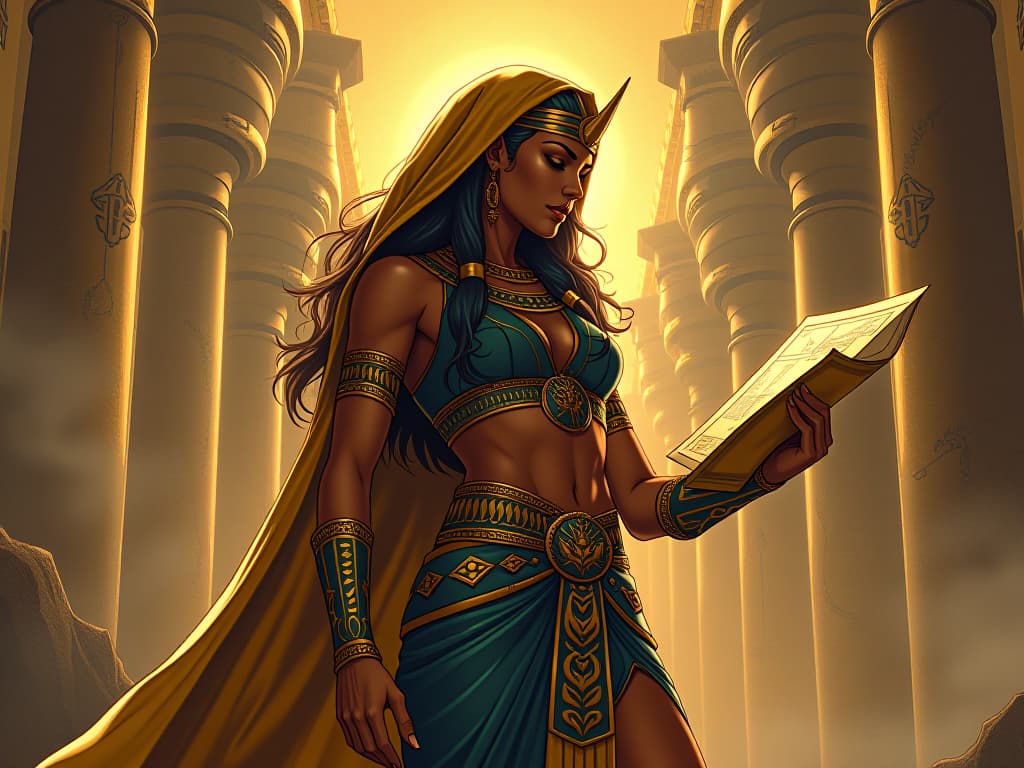  goddess architect in tight robes, sketching celestial structures, surrounded by blueprints and golden light, symbolizing destiny architect. the style is digital art illustration / modern comic book / mysterious occult, symbolic, esoteric vibe,high detail on character design, incorporating ancient egyptian symbology and attire.