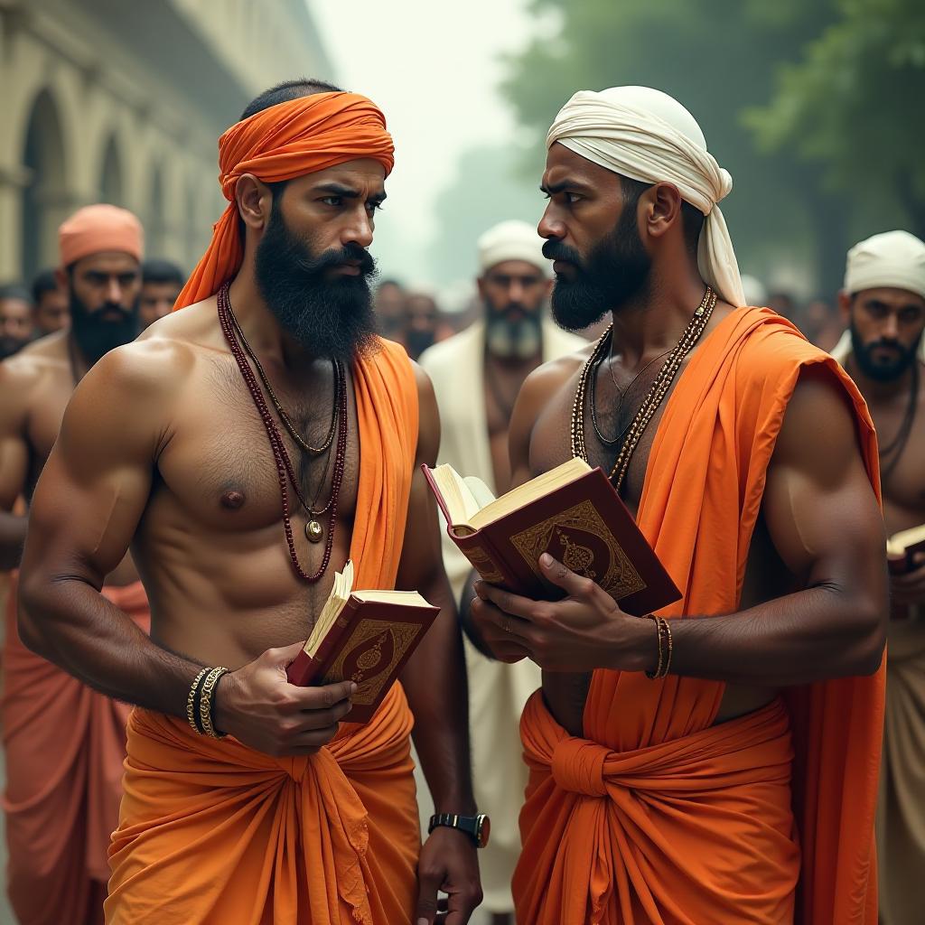  the image features two men, each holding a book. one man is on the left side of the image, while the other is on the right side. both men are shirtless, showcasing their muscular physiques. the man on the left is wearing a dhoti and hindu outfit and holding bhagwad geeta book, while the man on the right is wearing a muslim hat and holding qur'an book, in the background, there are several other people, some of whom are also holding books. both different collage hyperrealistic, full body, detailed clothing, highly detailed, cinematic lighting, stunningly beautiful, intricate, sharp focus, f/1. 8, 85mm, (centered image composition), (professionally color graded), ((bright soft diffused light)), volumetric fog, trending on instagram, trending on tumblr, HDR 4K, 8K