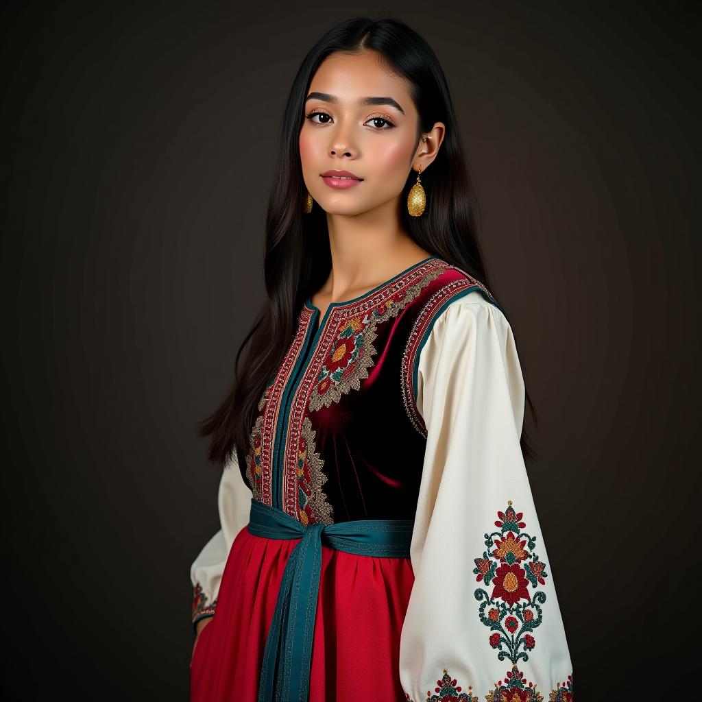  a young woman in full length. she is wearing a tatar national dress, a fitted velvet vest embellished with beads. the sleeves of the dress feature tatar embroidery, and she has large golden earrings. her hair is dark in color.