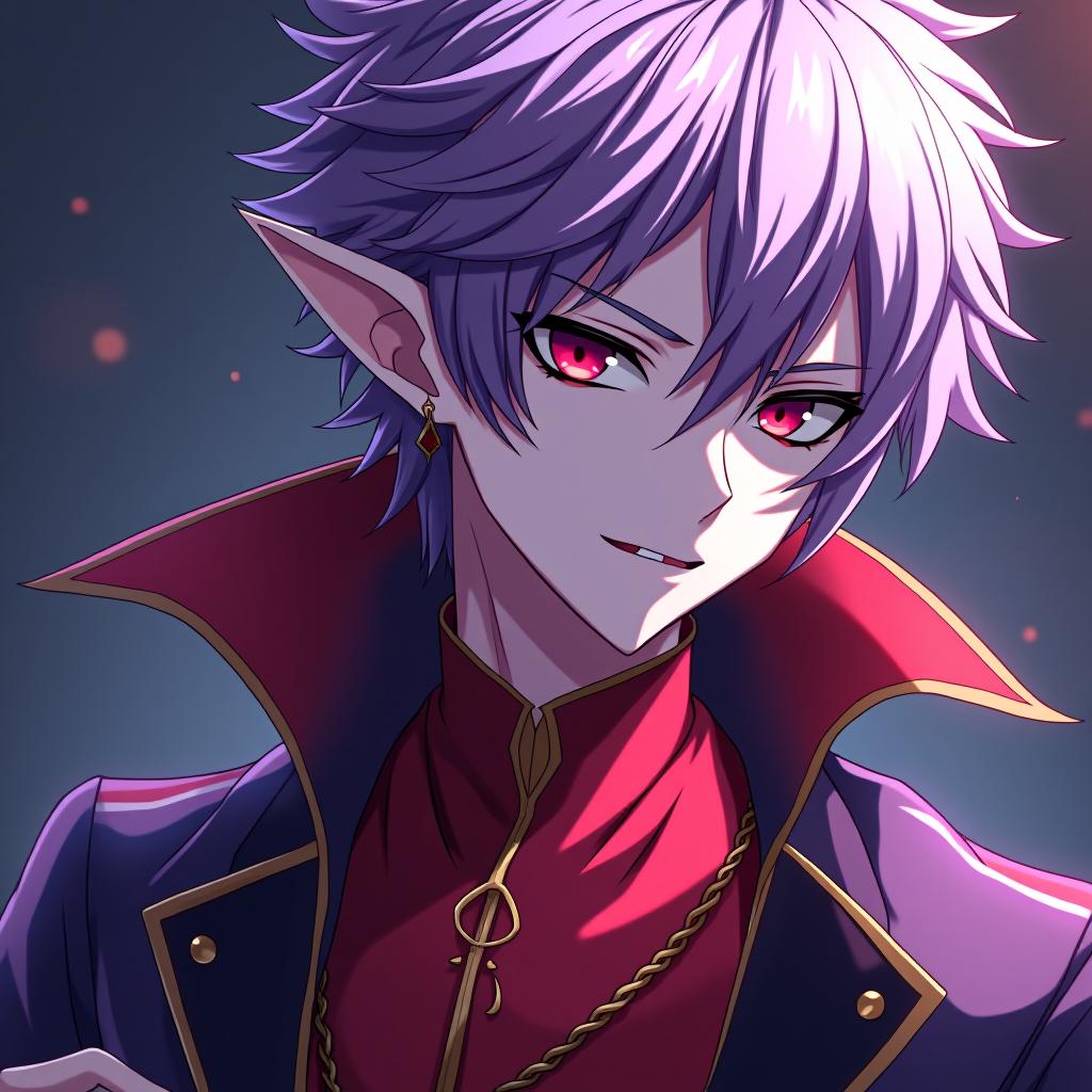  anime artwork the dark elf man has marble white skin, purple scarlet hair, lavender eyes with a red tint, is dressed in a red purple shirt embroidered with red gold, a semi jacket with a dark scarlet snake skin trim is worn over the shirt, a hairstyle in the style of a hedgehog. there is an earring in the shape of a month in the right ear. the tattoo in the form of a crescent toothed is applied near the left eye socket, the crescent is turned towards the eye . anime style, key visual, vibrant, studio anime, highly detailed hyperrealistic, full body, detailed clothing, highly detailed, cinematic lighting, stunningly beautiful, intricate, sharp focus, f/1. 8, 85mm, (centered image composition), (professionally color graded), ((bright soft diffused light)), volumetric fog, trending on instagram, trending on tumblr, HDR 4K, 8K