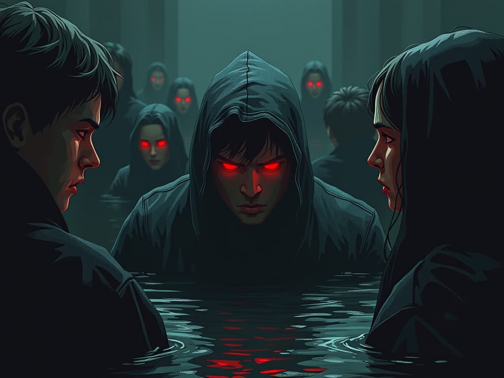  character in a flooded social scene, struggling to keep afloat, faces of disappointment and judgment, overwhelming atmosphere. the style is dark fantasy and mysterious occult, symbolic, moody lighting, esoteric vibe,high detail on character design. for the color scheme emphasize blacks and reds.