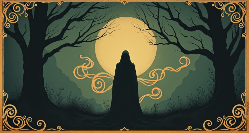  silhouetted figure standing in a twilight landscape, wisps of energy swirling around, feeling of attunement. an illustration in the style of a worn, mystical old tarot trump card, mysterious and elements of surrealism. the colors are muted, somber and eerie, but with contrast bring out an occult and esoteric vibe.