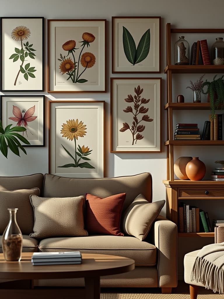  high quality portrait photo of a rustic living room featuring a gallery wall of botanical prints, with a ladder shelf displaying terrariums and vintage books hyperrealistic, full body, detailed clothing, highly detailed, cinematic lighting, stunningly beautiful, intricate, sharp focus, f/1. 8, 85mm, (centered image composition), (professionally color graded), ((bright soft diffused light)), volumetric fog, trending on instagram, trending on tumblr, HDR 4K, 8K