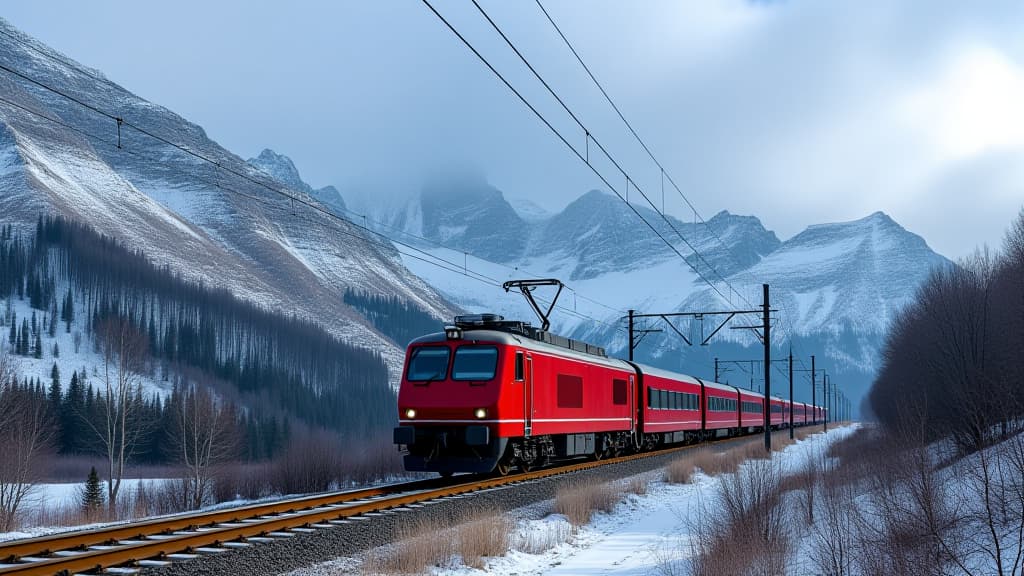  red train traveling down train tracks next to snow covered mountain range