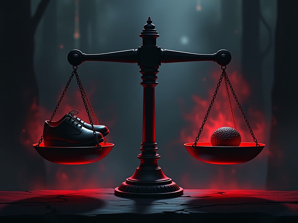  scale with red tinted weights, balancing material and spiritual items, aura of prioritizing spiritual alignment. the style is digital art illustration / modern comic book / graphic dark novel fantasy and mysterious occult, symbolic, moody lighting, esoteric vibe,high detail on character design. for the color scheme emphasize blacks and reds.