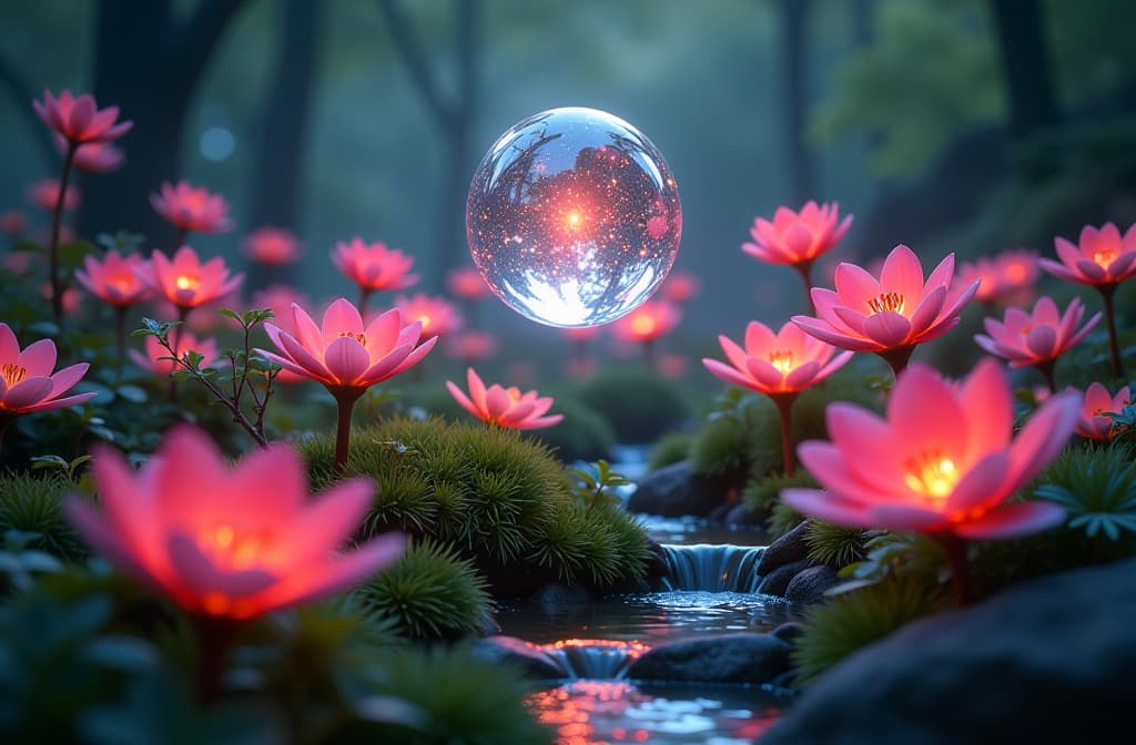  "visualize a vibrant, futuristic garden filled with colorful, luminescent flowers that symbolize advanced technology and interconnectedness. in the center, a floating, translucent orb representing artificial intelligence emits soft, glowing light, casting intricate patterns across the petals. surround the garden with a serene atmosphere, where digital data streams flow like gentle streams around the plants, blending nature and technology harmoniously." hyperrealistic, full body, detailed clothing, highly detailed, cinematic lighting, stunningly beautiful, intricate, sharp focus, f/1. 8, 85mm, (centered image composition), (professionally color graded), ((bright soft diffused light)), volumetric fog, trending on instagram, trending on tumblr, HDR 4K, 8K