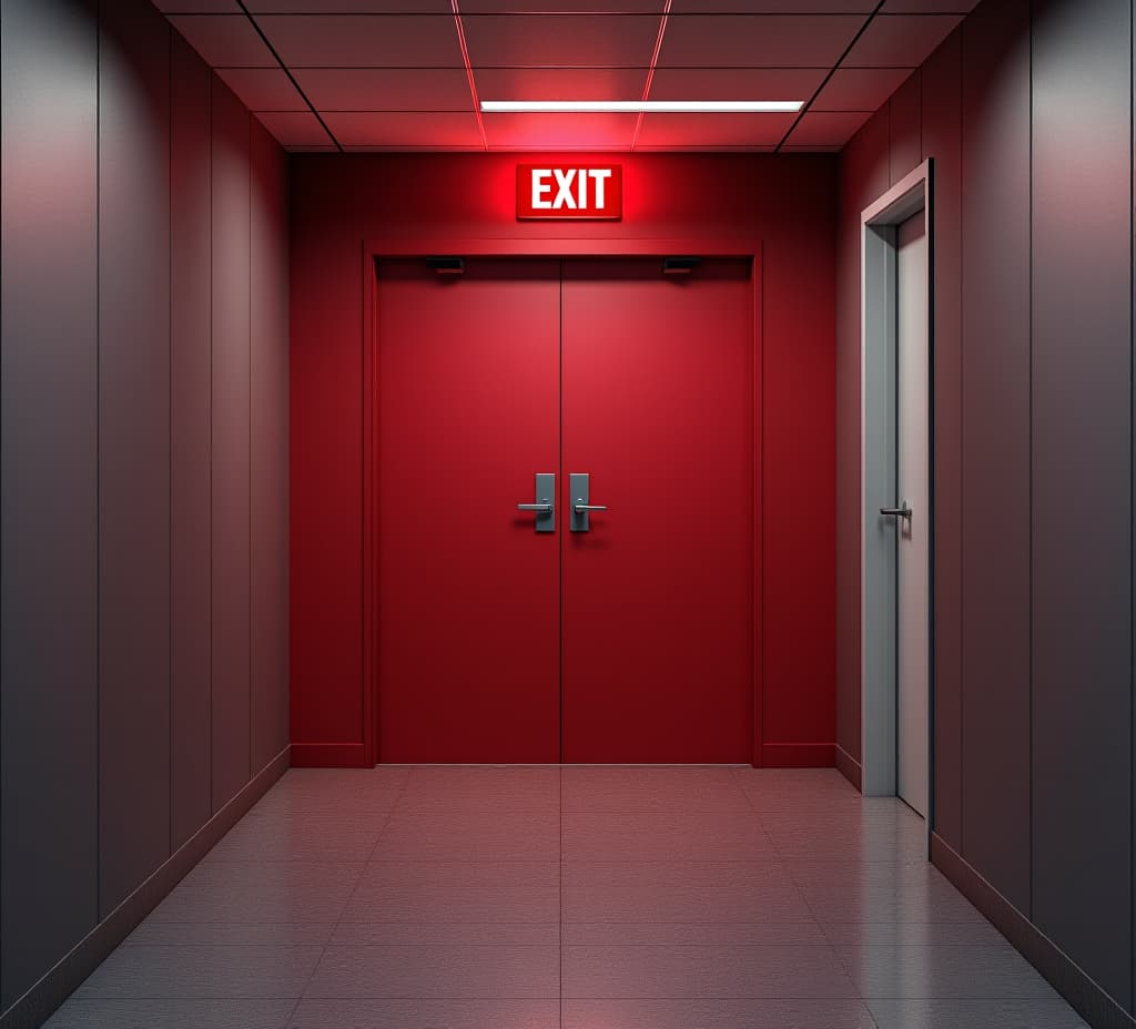  red fire exit door for emergency evacuation in the office building interior. escape from the danger, security hallway, nobody, copy space, text space