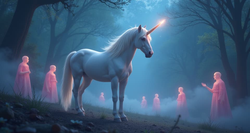  a unicorn with a glowing horn amidst a mystical fog, surrounded by translucent beings observing in curiosity and unease. ethereal, enchanting background signifying the stirring of energies.. the style is digital art illustration,highly detailed, whimsical,magical, dreamlike atmosphere, realism and fantasy blend, smooth, glossy textures,luminous quality, wonder and enchantment.