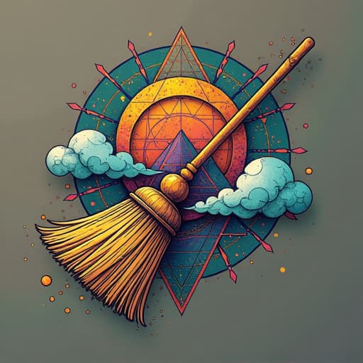  prompt: create a grunge style logo for the brand "cleaned up" that incorporates the concept of sacred geometry with a touch of whimsy. the logo should feature a broom flying through the air, leaving a trail of geometric shapes in its wake to represent the mess being cleared away. the color palette should be earthy and natural, with pops of vibrant colors to add energy and movement. the overall design should be bold and eye catching, with a sense of order and cleanliness emerging from the chaos. avoid any human figures or inappropriate content, and focus on creating a professional and visually appealing logo that captures the essence of the brand. hyperrealistic, full body, detailed clothing, highly detailed, cinematic lighting, stunningly beautiful, intricate, sharp focus, f/1. 8, 85mm, (centered image composition), (professionally color graded), ((bright soft diffused light)), volumetric fog, trending on instagram, trending on tumblr, HDR 4K, 8K