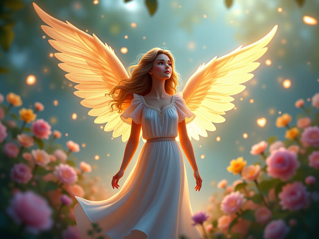  an ethereal angel with illuminated wings, enveloped in a gentle glow, standing in a dreamlike garden filled with luminous flowers, symbolizing alignment with love and light.. the style is digital art illustration,highly detailed, whimsical,magical, dreamlike atmosphere, realism and fantasy blend, smooth, glossy textures,luminous quality, wonder and enchantment.