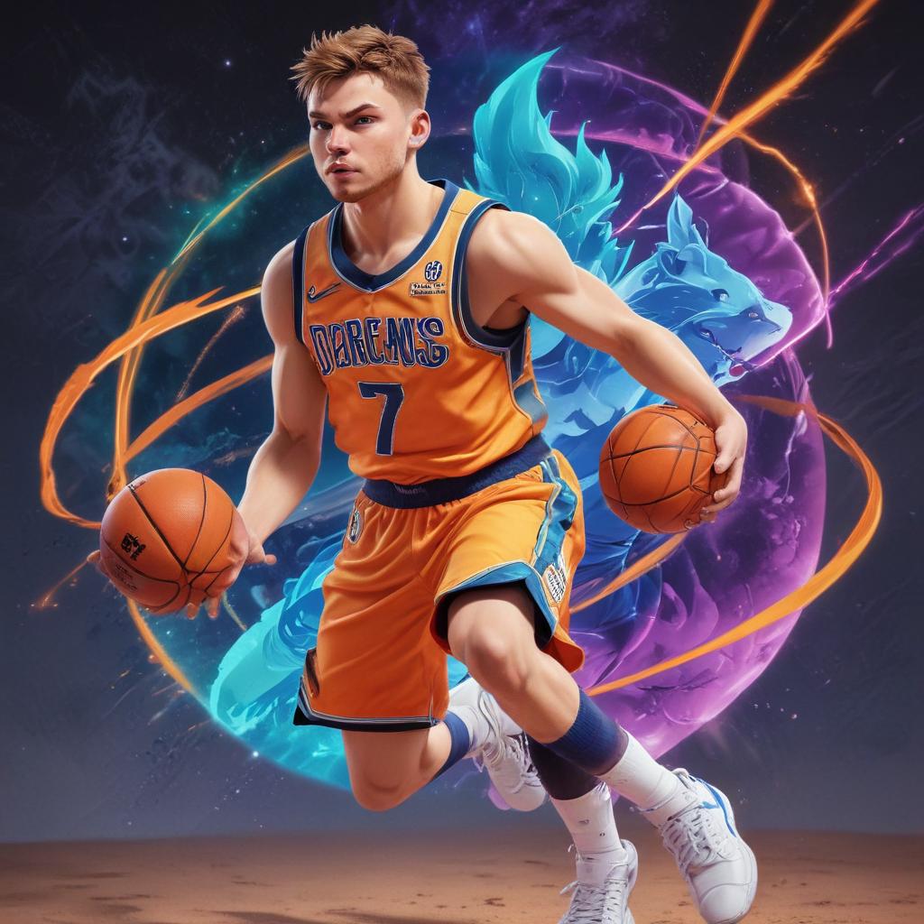 distance-shot, flashy, full-body, dynamic, holographic, animated cartoon poster of luka doncic in the style of dragon ball super