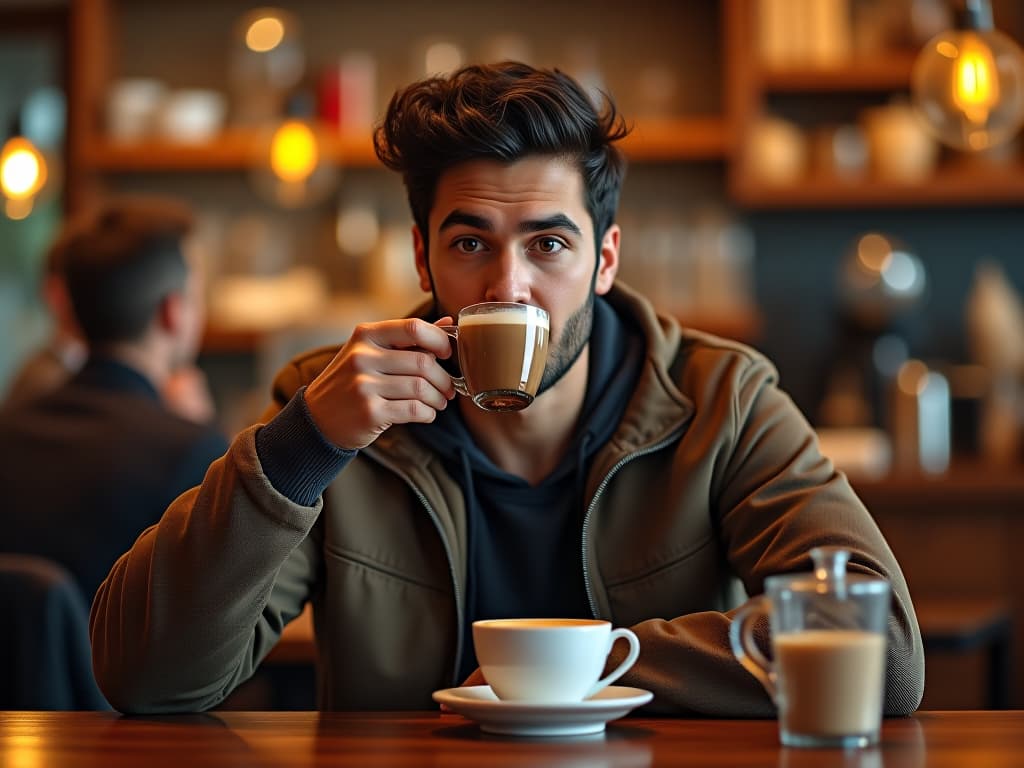  a man drinking mocha at a cafe, masterpiece, best quality