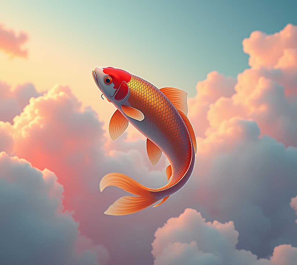  good quality, high quality, a giant koi fish swimming through the clouds in a pastel colored sky, its scales shimmering with shades of gold and orange. the scene is serene and dream like, with soft pink and blue clouds swirling around the fish as it glides effortlessly through the sky.