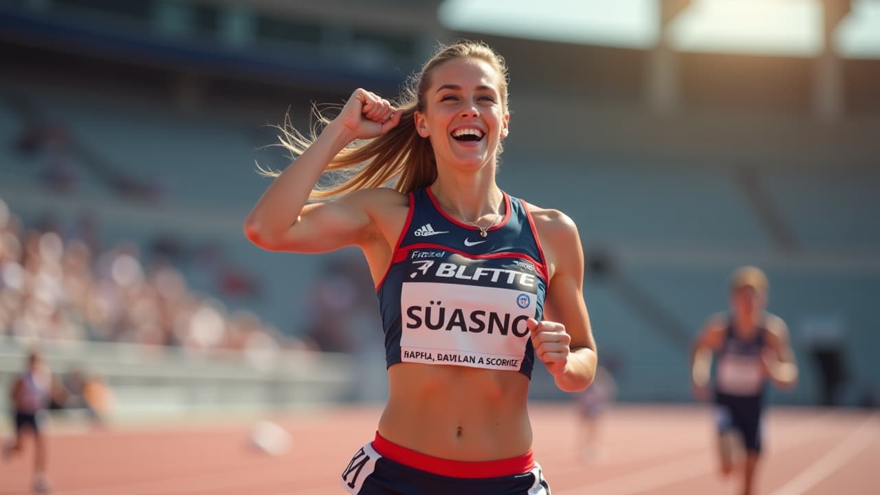  a female track and field athlete celebrating winning a sprint race at a sports event, high quality, high details, hd, perfect composition, 4k epic detailed, highly detailed, sharp focus, high resolution