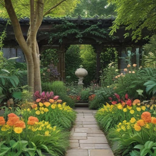 A vibrant, dynamic image of a lush garden bursting with a variety of flowers, plants, and trees. Each plant represents a different sector - technology, finance, healthcare, consumer goods, and energy - symbolizing the diversified and steady growth of a long-term growth portfolio. The garden is carefully curated, with strong fundamentals and innovative companies blooming alongside sector leaders, resilient in the face of economic challenges. The scene exudes a sense of balance, strength, and potential for future growth.