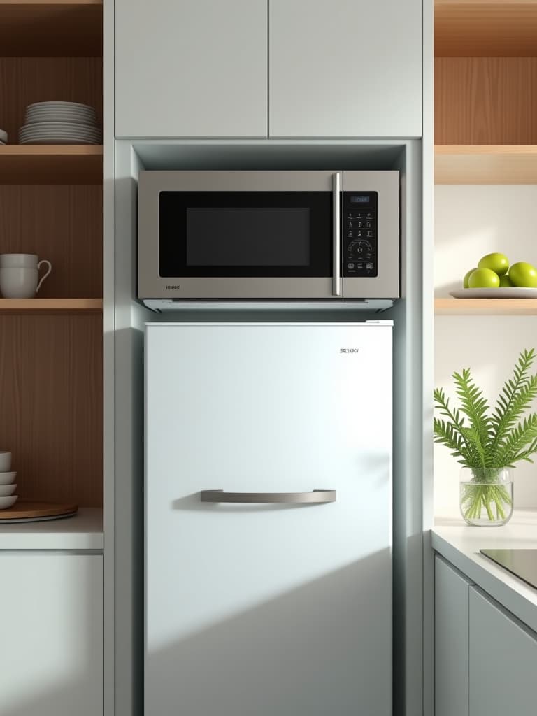  high quality portrait photo of a wall mounted, fold down microwave oven above a compact refrigerator, with surrounding open shelving in a bright, minimalist kitchen hyperrealistic, full body, detailed clothing, highly detailed, cinematic lighting, stunningly beautiful, intricate, sharp focus, f/1. 8, 85mm, (centered image composition), (professionally color graded), ((bright soft diffused light)), volumetric fog, trending on instagram, trending on tumblr, HDR 4K, 8K