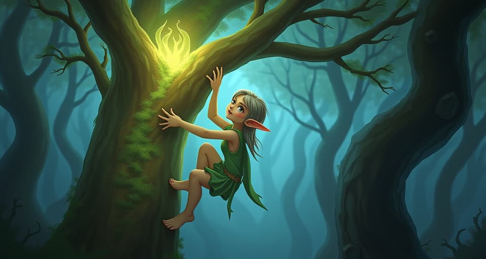  an ethereal elf clinging to a glowing tree in a mystical forest, his knuckles white with desperation. the winds of change swirl around him, hinting at inevitable growth.. the style is digital art illustration,highly detailed, whimsical,magical, dreamlike atmosphere, realism and fantasy blend, smooth, glossy textures,luminous quality, wonder and enchantment.