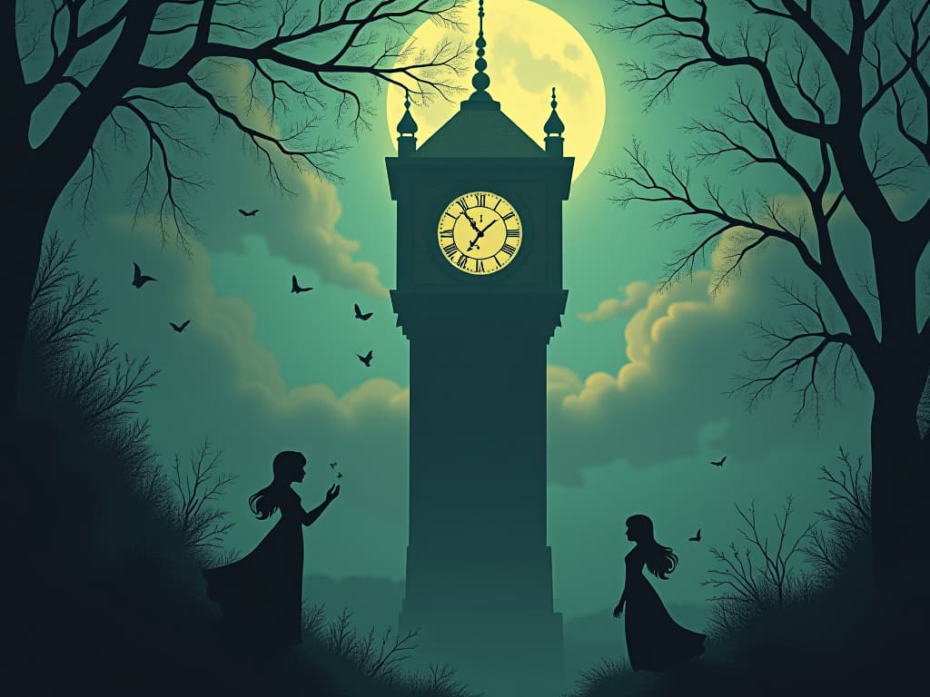  an enchanted clock tower, days turning into weeks, the hands moving. ethereal beings, expressions of dawning realization, silhouetted against the changing light. the tower, symbol of time unraveling.. the style is digital art illustration,highly detailed, whimsical,magical, dreamlike atmosphere, realism and fantasy blend, smooth, glossy textures,luminous quality, wonder and enchantment.