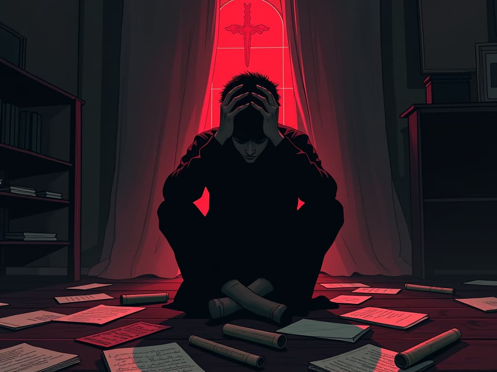  person holding their head in their hands, seated in a dimly lit room, surrounded by scattered notes and symbols of contemplation, air of confusion and self doubt. the style is digital art illustration / modern comic book / graphic dark novel fantasy and mysterious occult, symbolic, moody lighting, esoteric vibe,high detail on character design. for the color scheme emphasize blacks and reds.